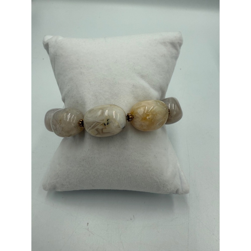 Natural Agate Chunky Beaded Stretch Bracelet Earthy Neutral Cream Tan Grey Gold